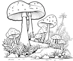 ausmalbild-gefleckte-pilze-und-pflanzen