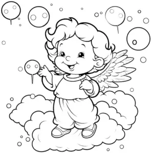 ausmalbild-gefluegelter-engel-auf-wolken-mit-blasen