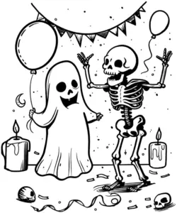 ausmalbild-geist-skelett-luftballons-kerzen-konfetti