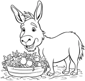 ausmalbild-gluecklicher-esel-mit-gemuesekorb