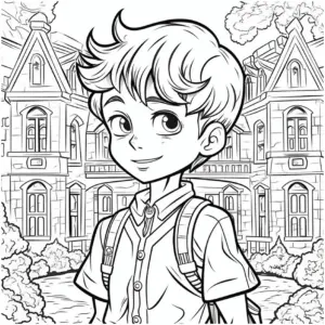 ausmalbild-gluecklicher-schuljunge-vor-architektur