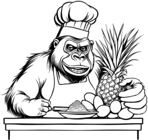 ausmalbild-gorilla-als-koch-mit-obst-und-zutaten