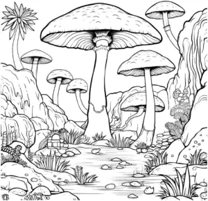 ausmalbild-grosse-pilze-in-fantasievoller-landschaft