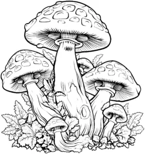 ausmalbild-grosse-pilze-in-natuerlicher-umgebung