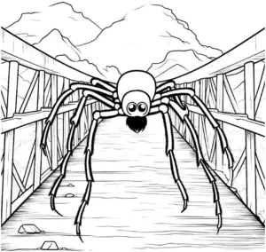 ausmalbild-grosse-spinne-auf-holzbruecke
