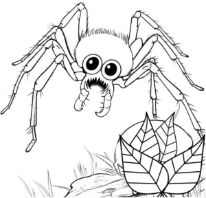 ausmalbild-grosse-spinne-mit-blaettern