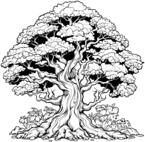 ausmalbild-grosser-baum-mit-laub-und-pflanzen