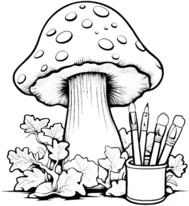 ausmalbild-grosser-pilz-mit-malutensilien