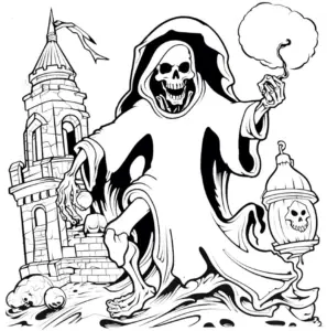 ausmalbild-gruselige-gestalt-mit-schloss-und-skelettkopf