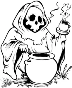 ausmalbild-gruseliger-geist-und-zaubertrank-im-kessel