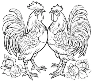 ausmalbild-haehne-und-rosenblüten