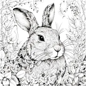 ausmalbild-hase-umgeben-von-blumen-und-pflanzen