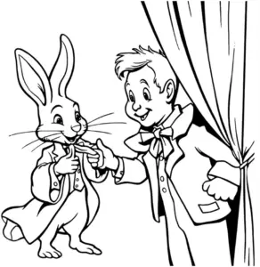 ausmalbild-hase-und-junge-hinter-vorhang