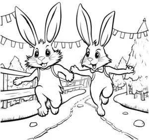 ausmalbild-huepfende-hasen-in-lebhafter-landschaft