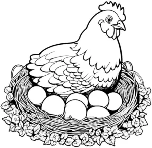 ausmalbild-huhn-im-nest-mit-eiern-und-blumen