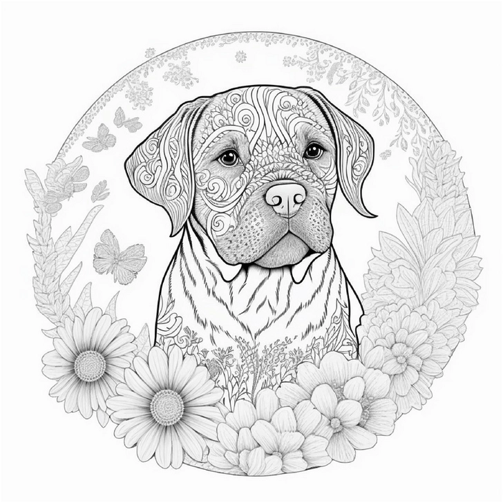ausmalbild-hund-mit-blumen-und-schmetterlingen