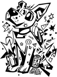 ausmalbild-hund-mit-geometrischen-formen-und-symbolen