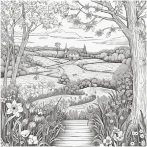 ausmalbild-idyllische-landschaft-mit-blumen-und-haus