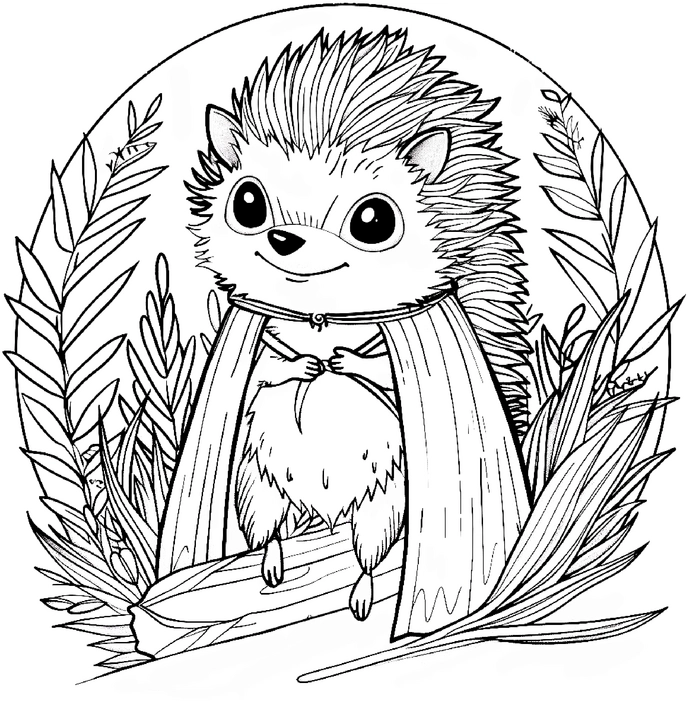 ausmalbild-igel-mit-umhang-in-natur