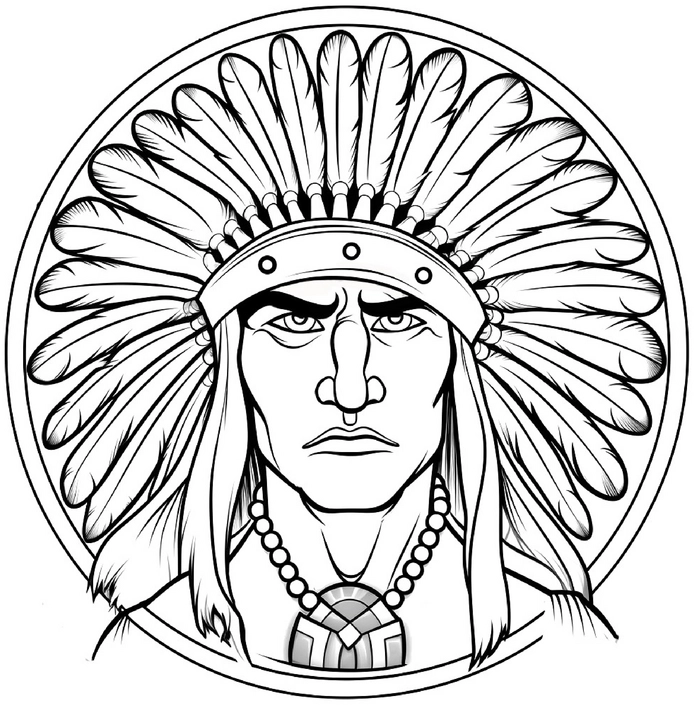 ausmalbild-indianer-mit-federhaube-und-schmuck