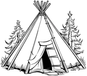 ausmalbild-indianerzelt-zwischen-nadelbaeumen