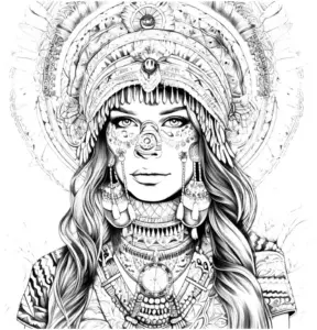 ausmalbild-indigene-frau-mit-kopfschmuck-und-schmuckelementen