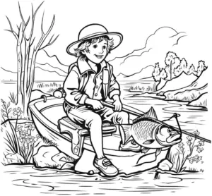 ausmalbild-junge-angler-im-boot-mit-fisch
