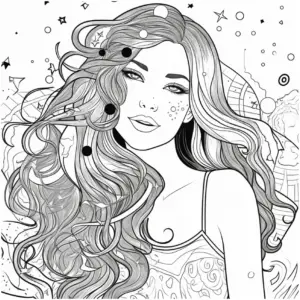 ausmalbild-junge-frau-mit-fliessenden-haaren-und-symbolen