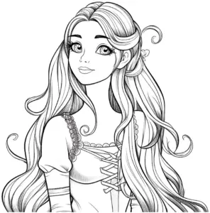 ausmalbild-junge-frau-mit-langen-haaren-elegantem-kleid
