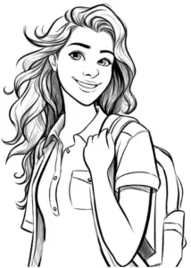 ausmalbild-junge-frau-mit-rucksack