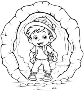 ausmalbild-junge-in-der-hoehle-mit-rucksack