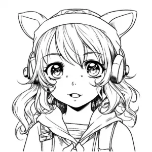 ausmalbild-junge-person-mit-katzenohren-und-kopfhoerern