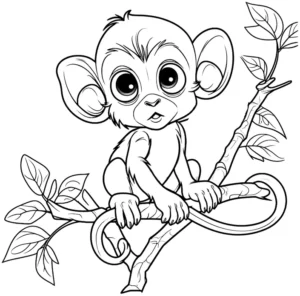 ausmalbild-junger-affe-auf-einem-baumzweig