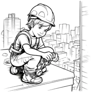ausmalbild-junger-bauarbeiter-auf-hochhaus-mit-ausruestung