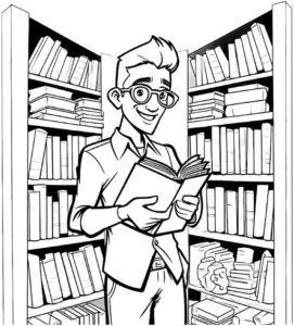 ausmalbild-junger-bibliothekar-in-bibliothek