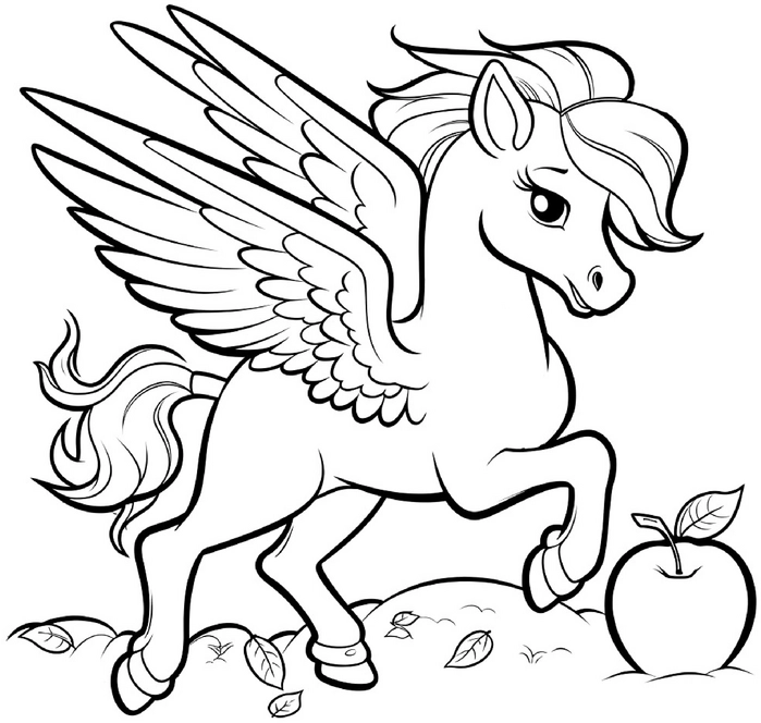 ausmalbild-junger-pegasus-mit-fluegeln-und-apfel