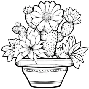 ausmalbild-kaktus-im-blumentopf-mit-pflanzen