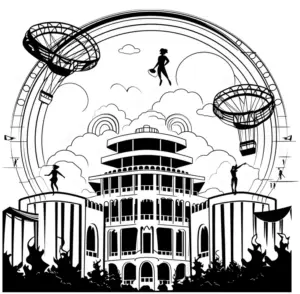 ausmalbild-karnivalsshow-fliegende-figuren-und-gebaeude