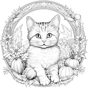 ausmalbild-katze-herbstdekoration-pflanzenrahmen