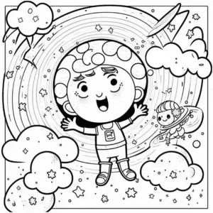 ausmalbild-kind-im-raumanzug-und-fee-im-weltraum
