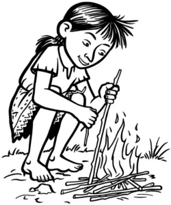 ausmalbild-kind-sammelt-stoecke-fuer-feuer