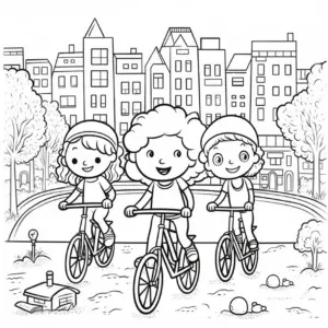 ausmalbild-kinder-fahrrad-fahren-in-stadtlandschaft