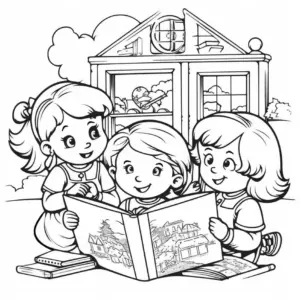 ausmalbild-kinder-lesen-im-freien-mit-haus