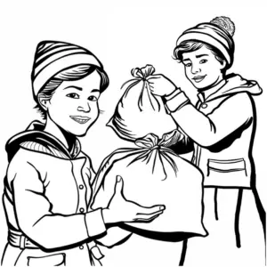ausmalbild-kinder-mit-saecken-in-winterkleidung