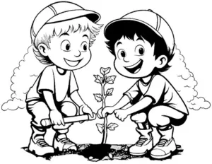 ausmalbild-kinder-pflanzen-einen-baum