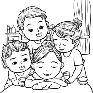 ausmalbild-kinder-umarmen-erwachsene-mit-alltagsgegenstaenden