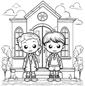 ausmalbild-kinder-vor-dem-schulhaus