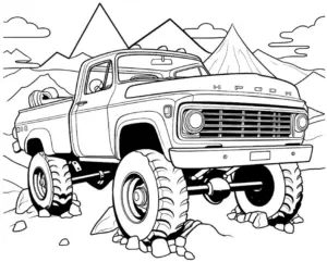 ausmalbild-klassischer-pickup-truck-auf-steiniger-strecke