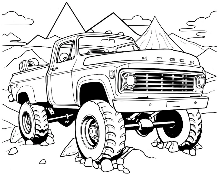 ausmalbild-klassischer-pickup-truck-auf-steiniger-strecke