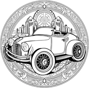 ausmalbild-klassisches-auto-mit-stadtlandschaft